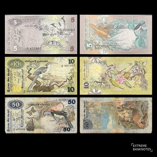 Ceylon (Sri Lanka) 3 banknote set 5, 10 and 50 Rupees 1979 VF-F – fronts with butterflies, a hornbill and a red-faced malkoha, vertical backs with Sri Lankan wildlife