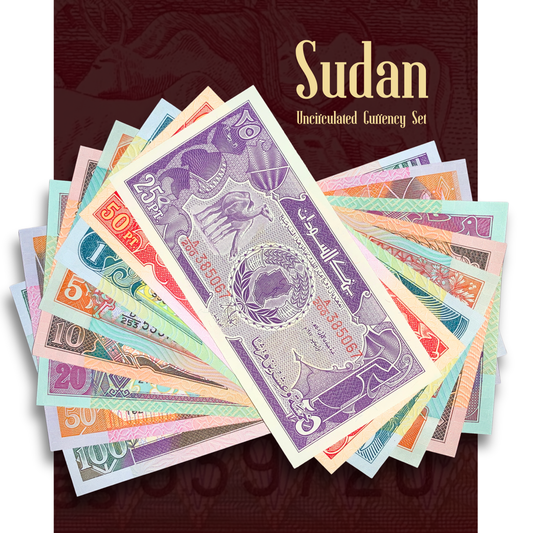 Collection of Sudanese currency notes on a dark background with 'Sudan Uncirculated Currency Set' text.