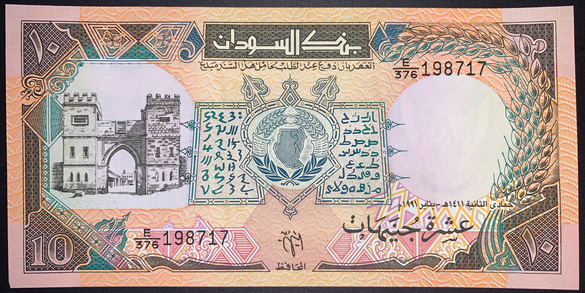 front of Sudan 10 Sudanese Pounds 1991 P-46 collectible vintage african banknote
