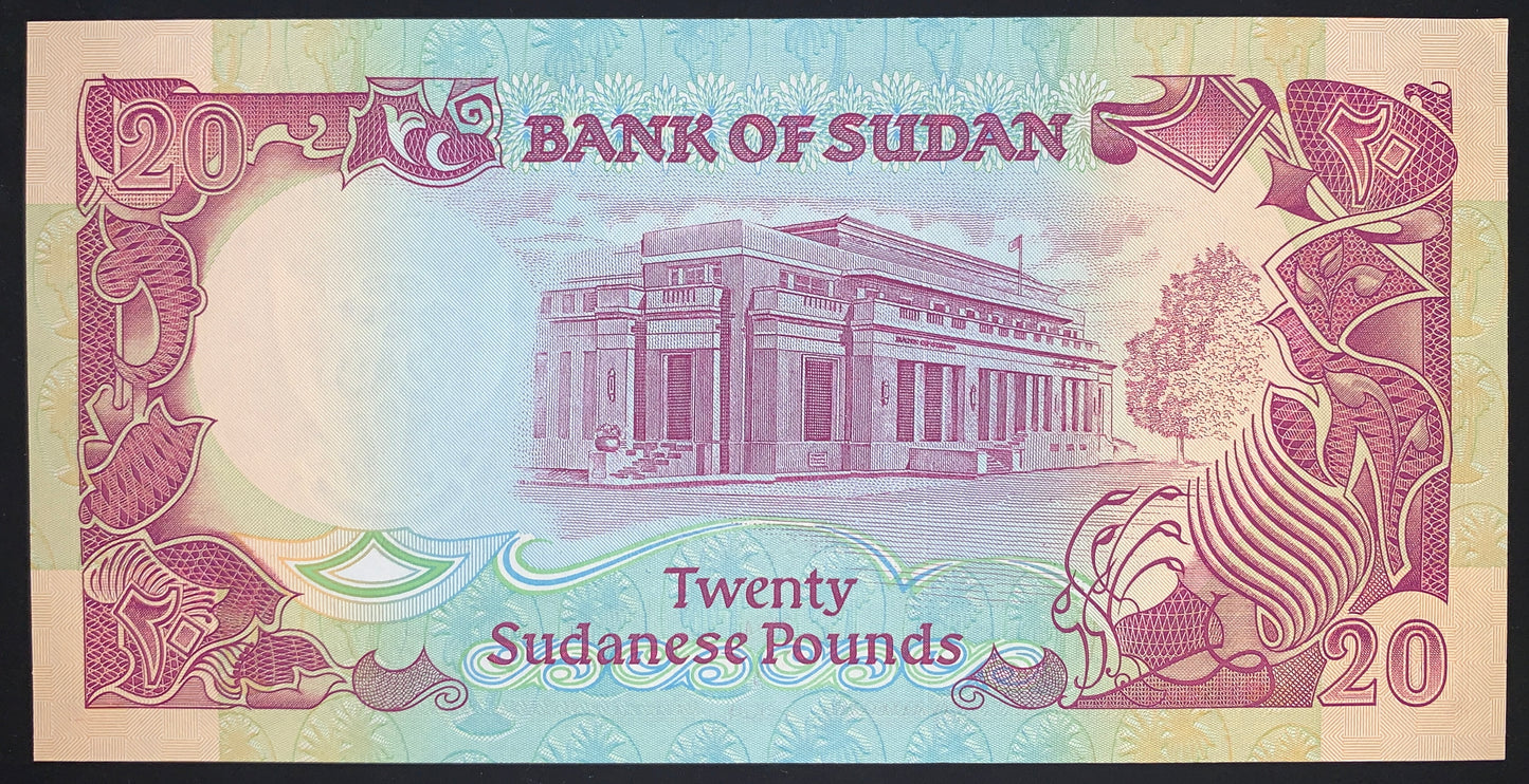 Sudan 20 Sudanese Pounds 1991 P-47 UNC african collectible banknote with Bank of Sudan building