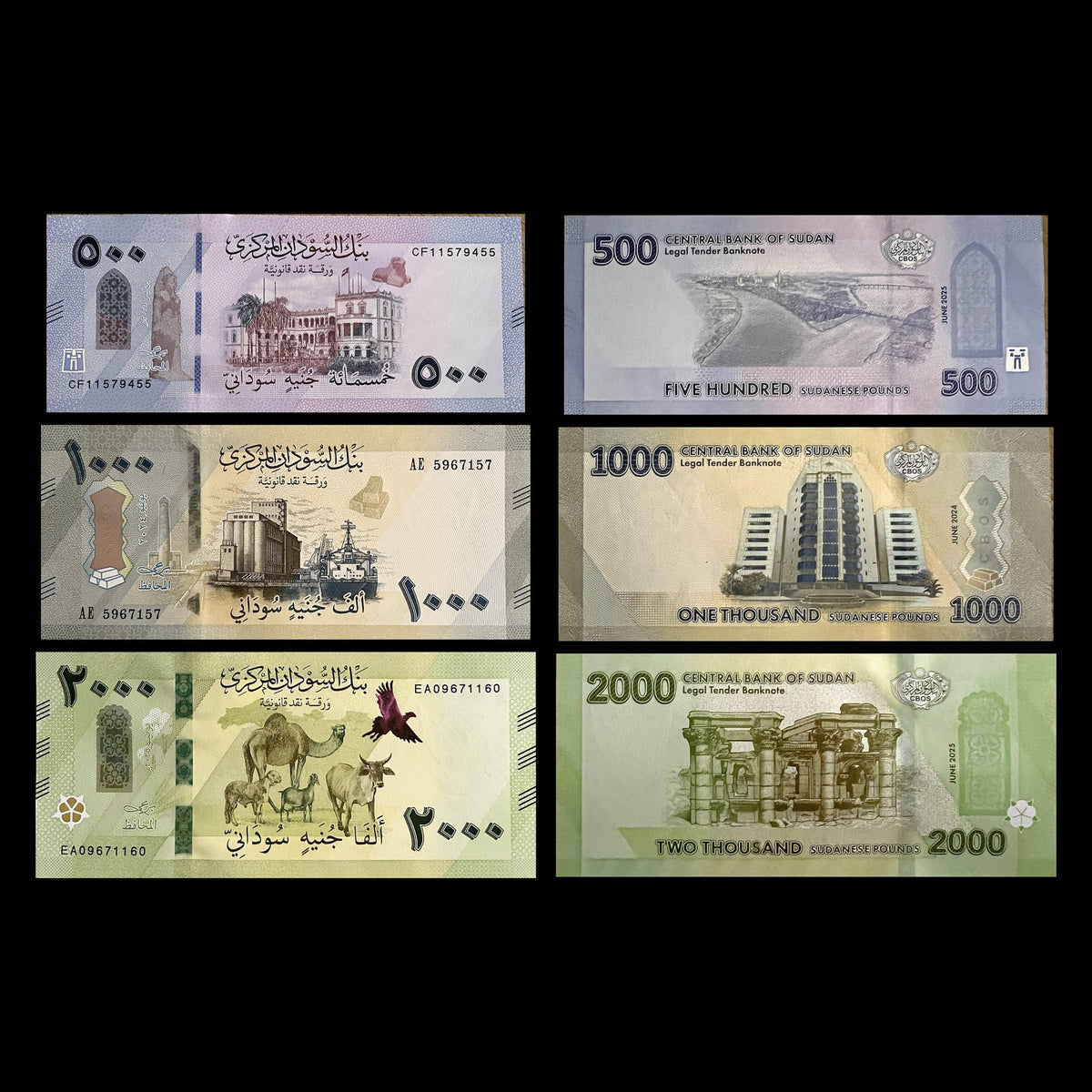 Sudan 500, 1000 & 2000 Pounds 2024–2025 UNC set – fronts with the Republican Palace, grain silos and camel with livestock, backs with the Nile confluence, Central Bank tower and Naqa Roman Kiosk