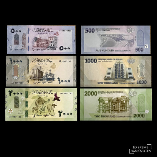 Sudan 500, 1000 & 2000 Pounds 2024–2025 UNC set – fronts with the Republican Palace, grain silos and camel with livestock, backs with the Nile confluence, Central Bank tower and Naqa Roman Kiosk