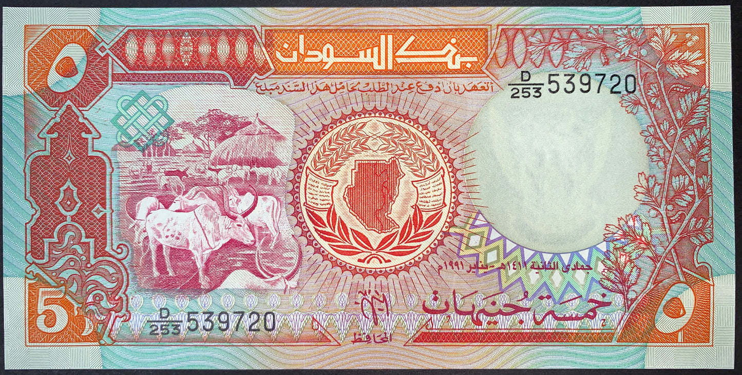 front of Sudan 5 Sudanese Pounds 1991 P-45 collectible vintage african banknote