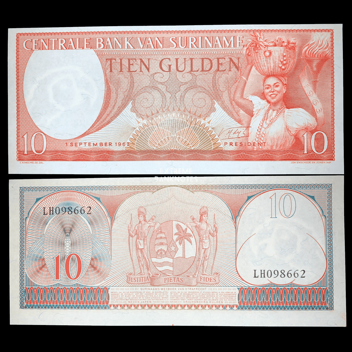 Authentic Suriname 10 Gulden banknote dated 1 September 1963, featuring a woman carrying a basket of tropical produce beside a ceremonial torch on the obverse, with the national coat of arms flanked by indigenous figures on the reverse. Crisp collectible paper money shown front and back.