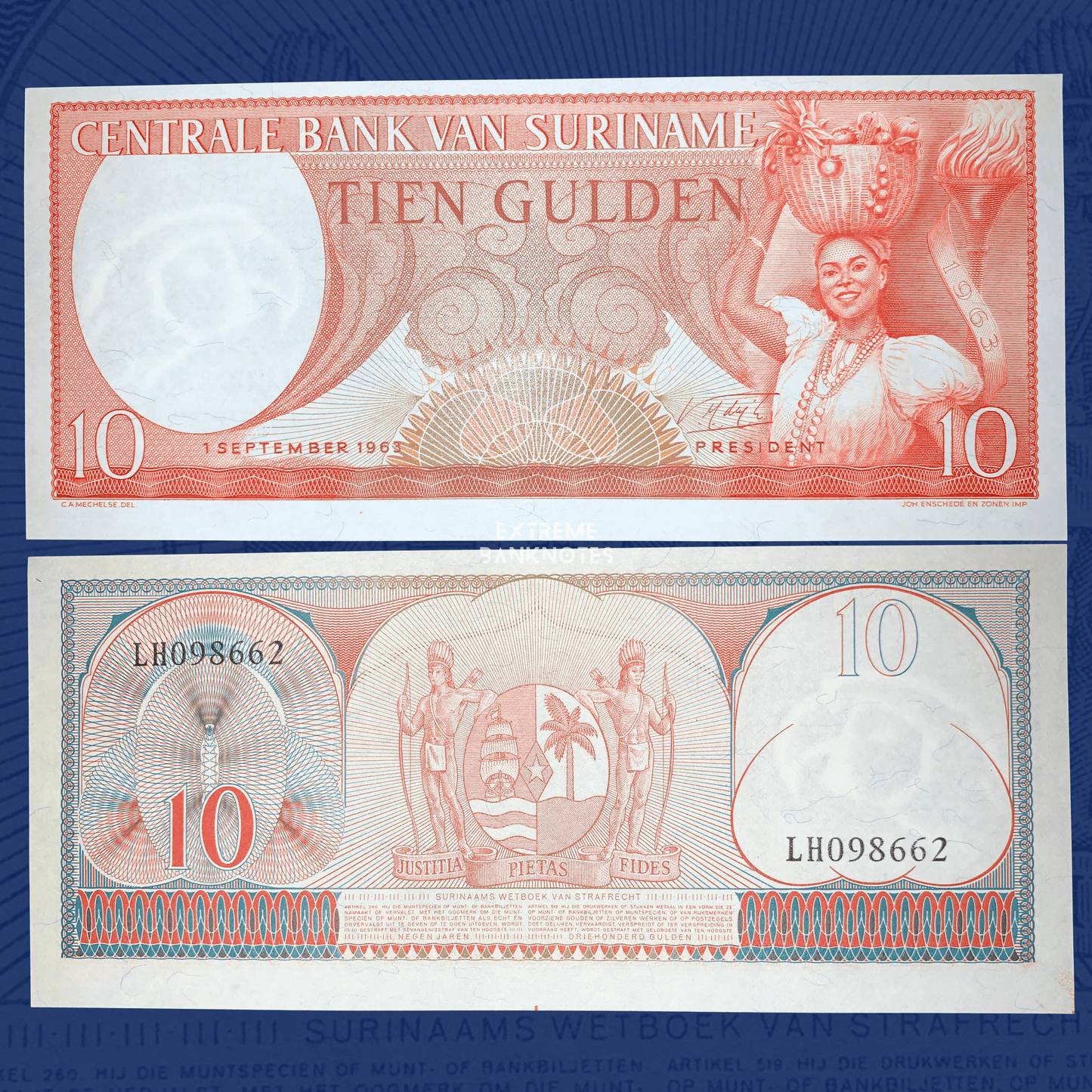 Authentic Suriname 10 Gulden banknote dated 1 September 1963, featuring a woman carrying a basket of tropical produce beside a ceremonial torch on the obverse, with the national coat of arms flanked by indigenous figures on the reverse. Crisp collectible paper money shown front and back.
