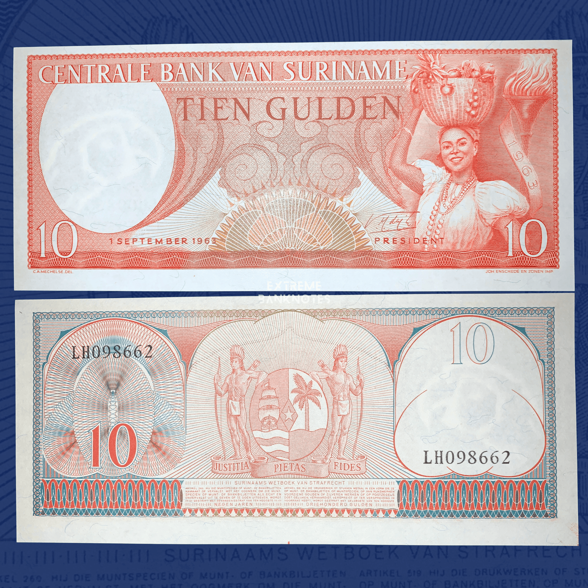 Authentic Suriname 10 Gulden banknote dated 1 September 1963, featuring a woman carrying a basket of tropical produce beside a ceremonial torch on the obverse, with the national coat of arms flanked by indigenous figures on the reverse. Crisp collectible paper money shown front and back.