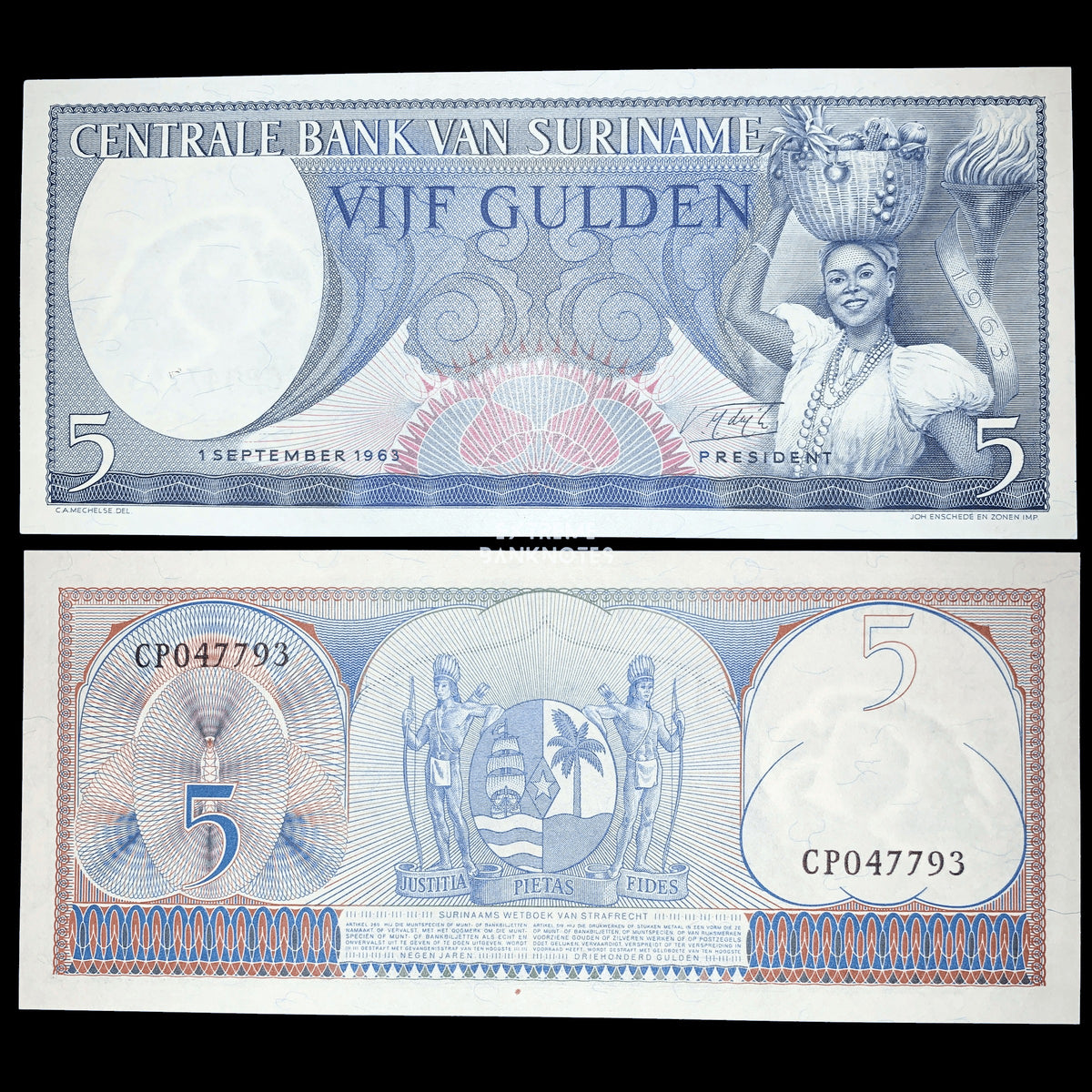 Authentic Suriname 5 Gulden banknote dated 1 September 1963, displaying a woman balancing a basket of fruit next to a ceremonial torch on the obverse and the Suriname coat of arms with indigenous supporters on the reverse. Front and back views of the collectible banknote.