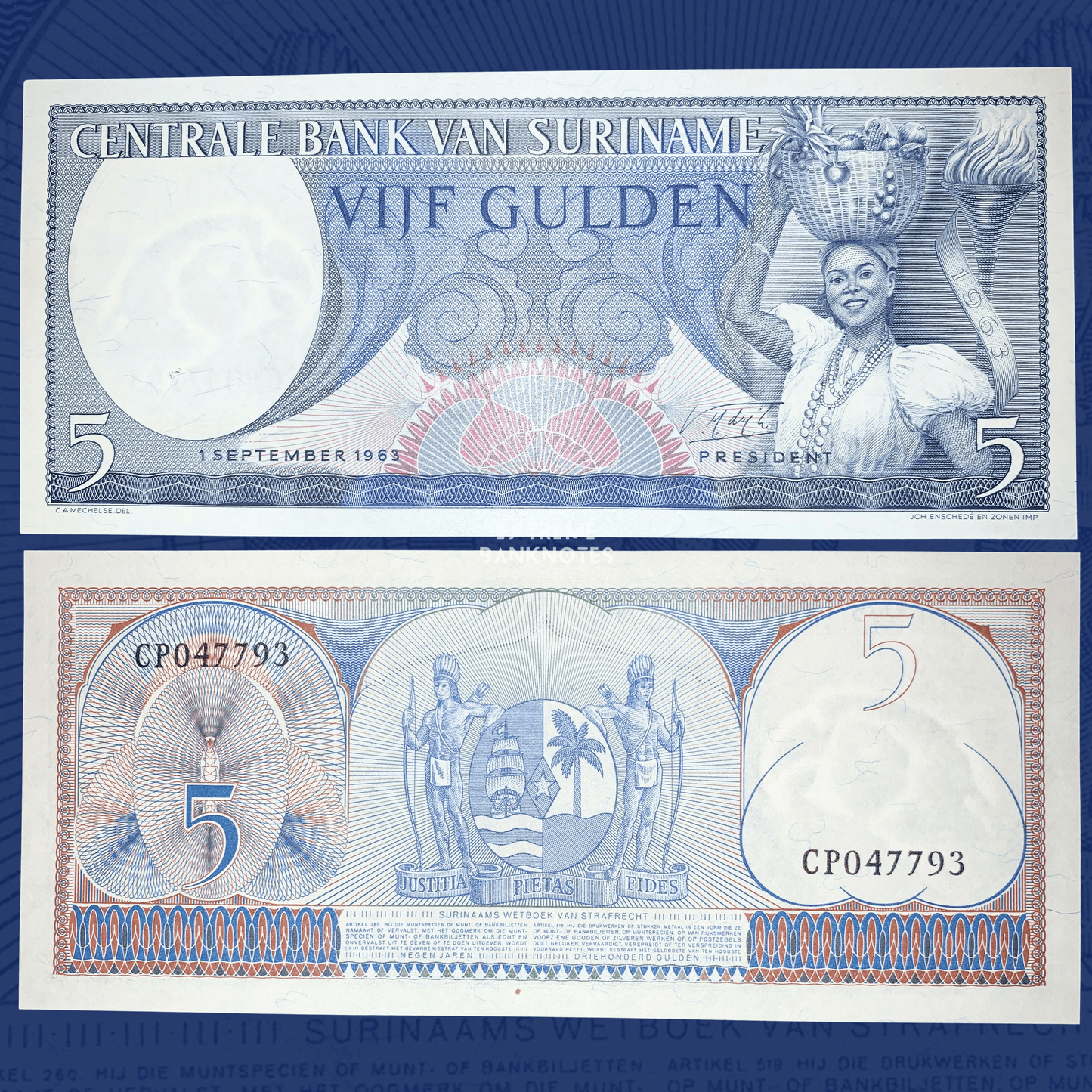 Authentic Suriname 5 Gulden banknote dated 1 September 1963, displaying a woman balancing a basket of fruit next to a ceremonial torch on the obverse and the Suriname coat of arms with indigenous supporters on the reverse. Front and back views of the collectible banknote.