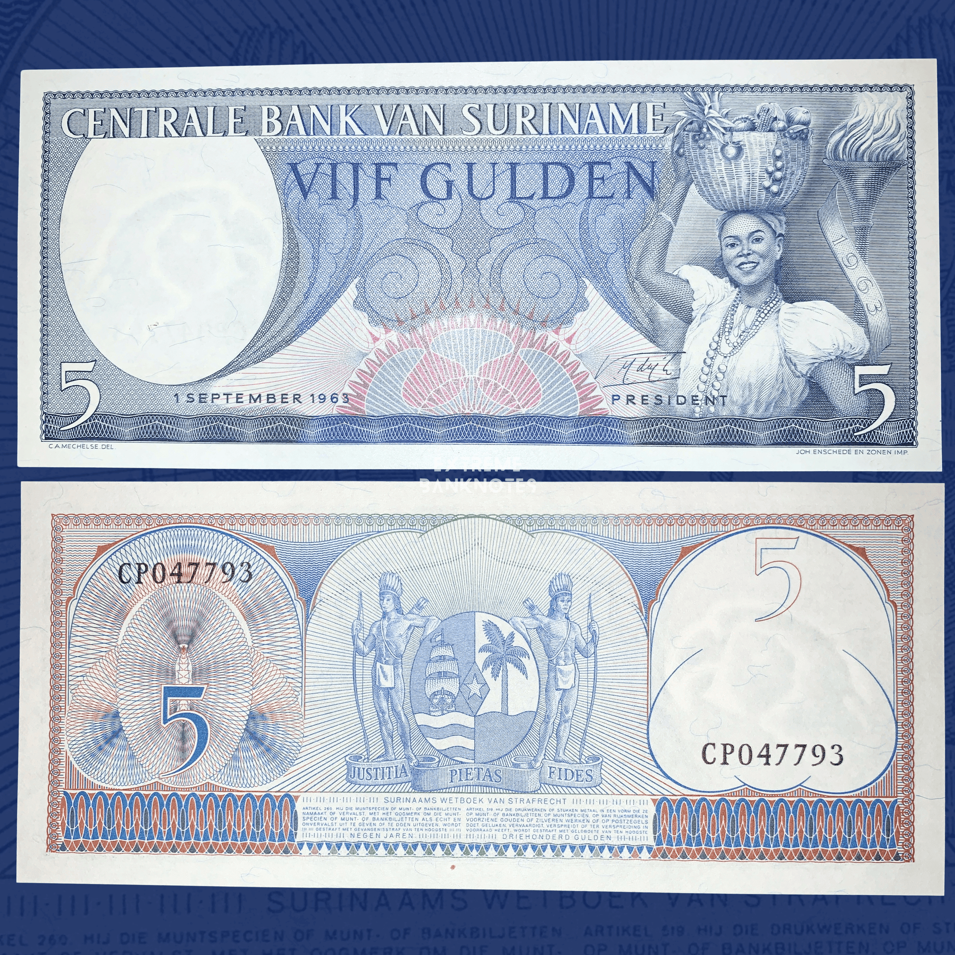 Authentic Suriname 5 Gulden banknote dated 1 September 1963, displaying a woman balancing a basket of fruit next to a ceremonial torch on the obverse and the Suriname coat of arms with indigenous supporters on the reverse. Front and back views of the collectible banknote.