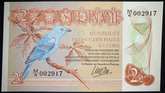 front of Suriname 2 1/2 Gulden 1985 P-119 UNC collectible vintage banknote with Blue-gray Tanager perched on a branch