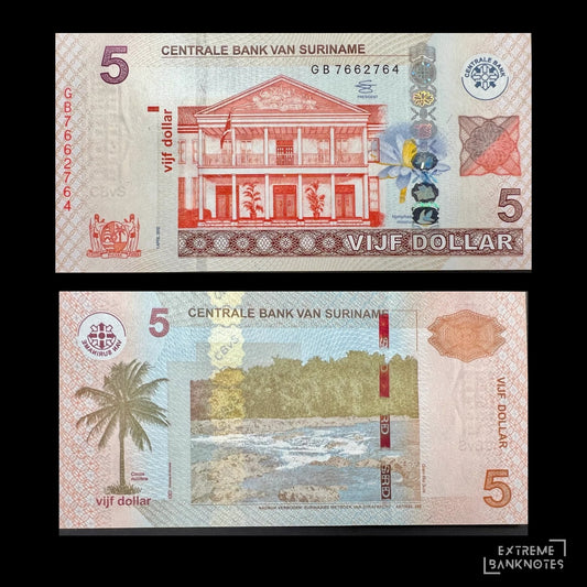Suriname 5 Dollars banknote P-162b (2012) obverse featuring the Centrale Bank van Suriname headquarters in Paramaribo, holographic security strip with water lily motifs, coat of arms, serial number, Dutch inscriptions, and intricate multicolor security printing.