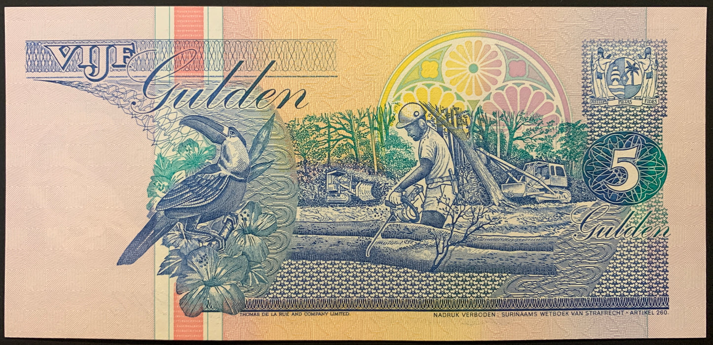 Suriname 5 Gulden 1996 P-136b UNC collectible south american banknote with toucan, flowers, and logging scene