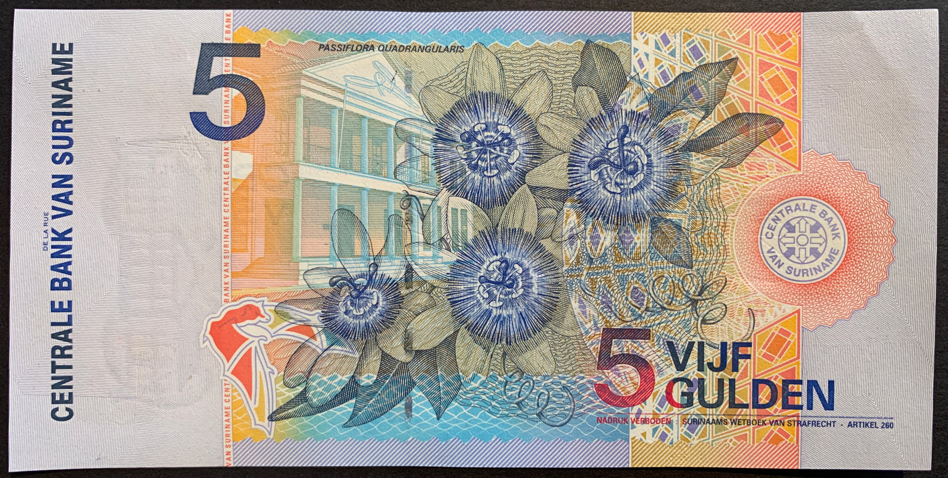 back of Suriname 5 Gulden 2000 P-146 collectible banknote with Passion flower (passiflora quadrangularis) over Central Bank Building