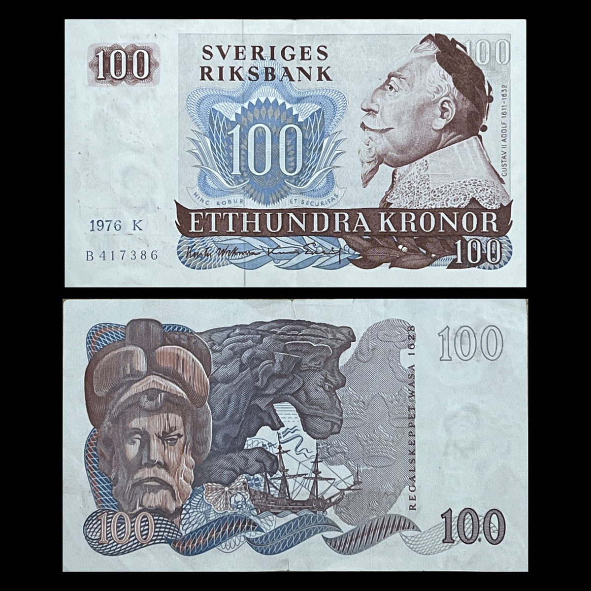 Sweden 100 Kronor 1976-1983 P-54 VF banknote – front with King Gustav II Adolf, back with the royal warship Vasa and its lion figurehead