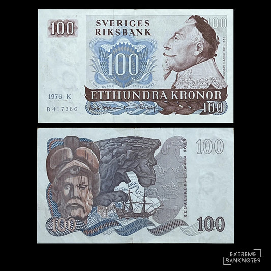 Sweden 100 Kronor 1976-1983 P-54 VF banknote – front with King Gustav II Adolf, back with the royal warship Vasa and its lion figurehead