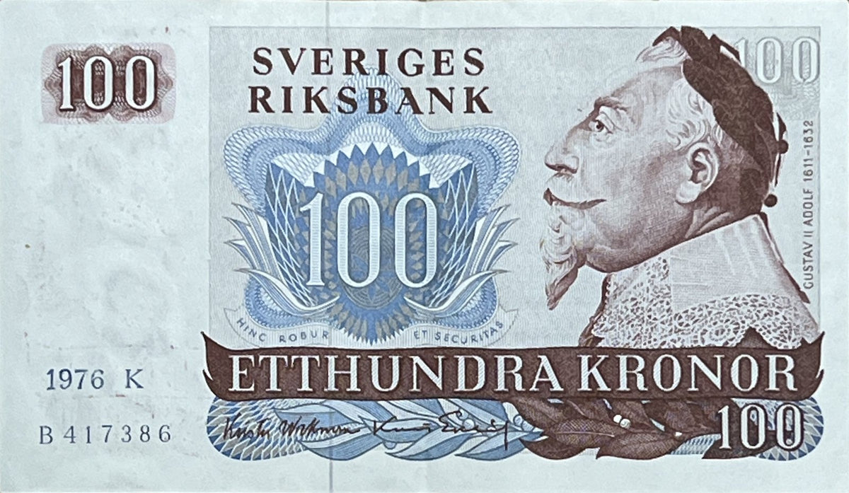Front view of a circulated 1976 Sweden 100 Kronor banknote featuring a laurel-crowned profile portrait of King Gustav II Adolf, the Lion of the North.