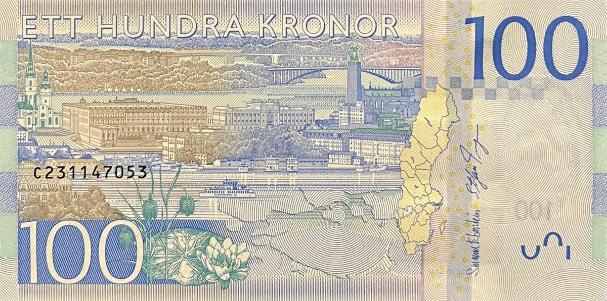 Back view of a Sweden 100 Kronor banknote showing the Stockholm waterfront, a map of Sweden, fritillary and water lily flowers.