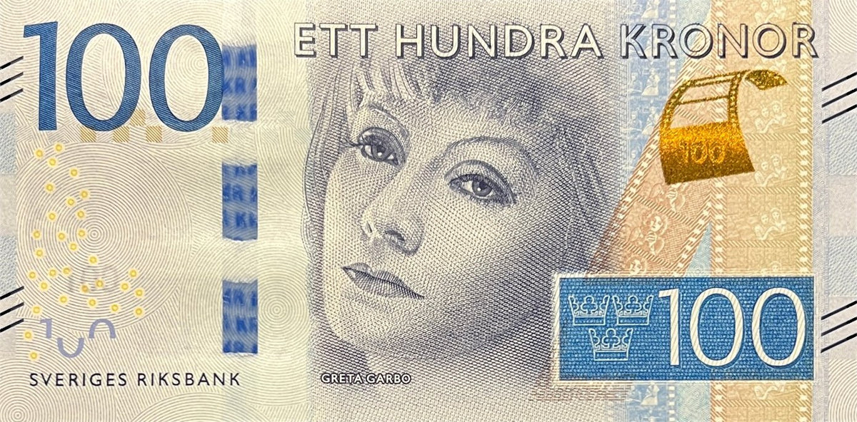 Front view of an uncirculated Sweden 100 Kronor banknote featuring film star Greta Garbo and a film strip.