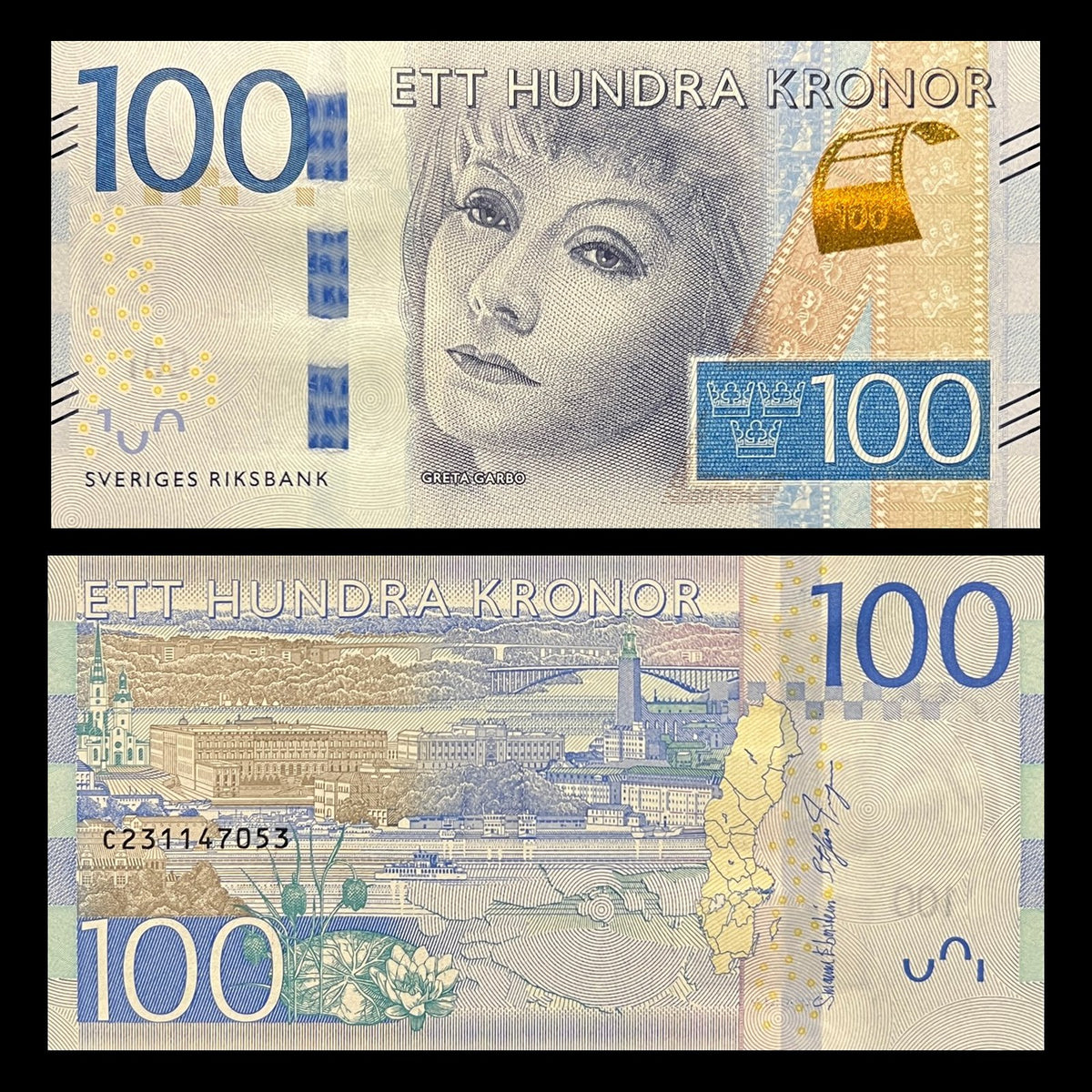 Sweden 100 Kronor ND (2016) P-71 UNC banknote – front with Greta Garbo, back with the Stockholm cityscape and a map of Sweden
