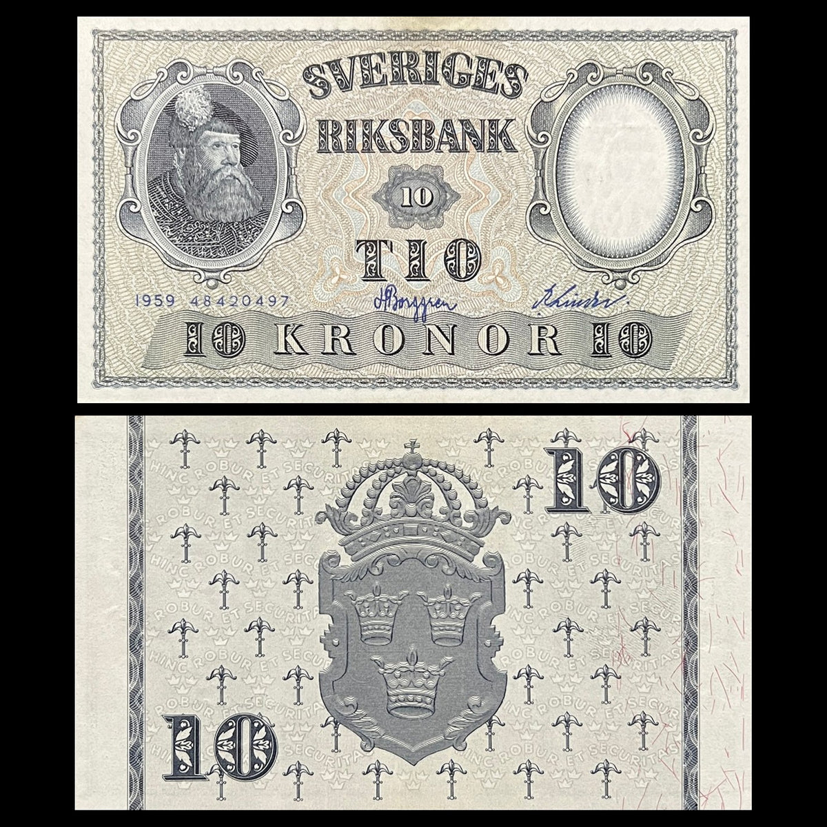 Sweden 10 Kronor 1959 P-43g XF banknote – front with King Gustav Vasa, back with the crowned Swedish coat of arms