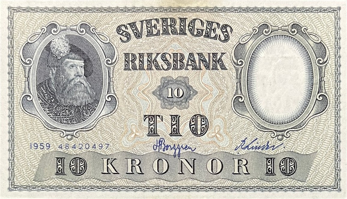 Front view of an extremely fine 1959 Sweden 10 Kronor banknote featuring an engraved portrait of King Gustav Vasa.