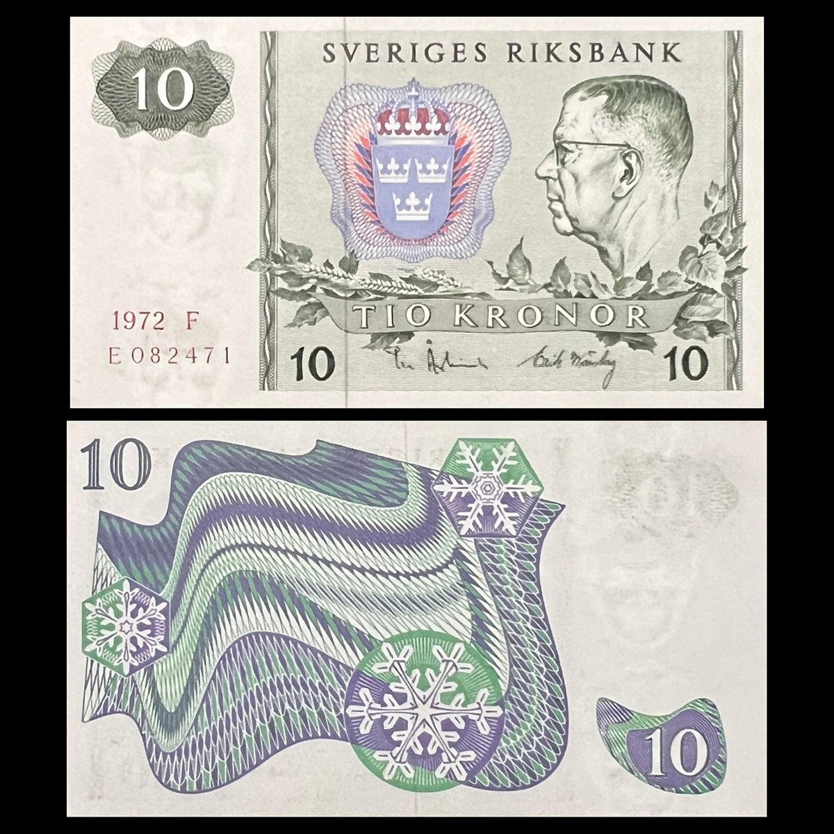 Sweden 10 Kronor 1972 P-52c UNC banknote – front with King Gustaf VI Adolf, back with northern lights and snowflakes