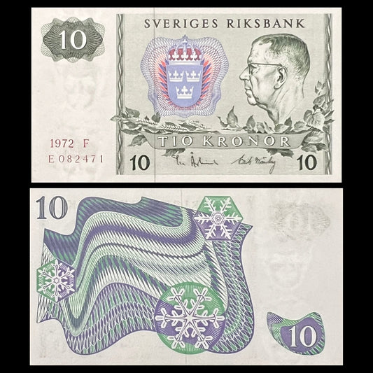 Sweden 10 Kronor 1972 P-52c UNC banknote – front with King Gustaf VI Adolf, back with northern lights and snowflakes