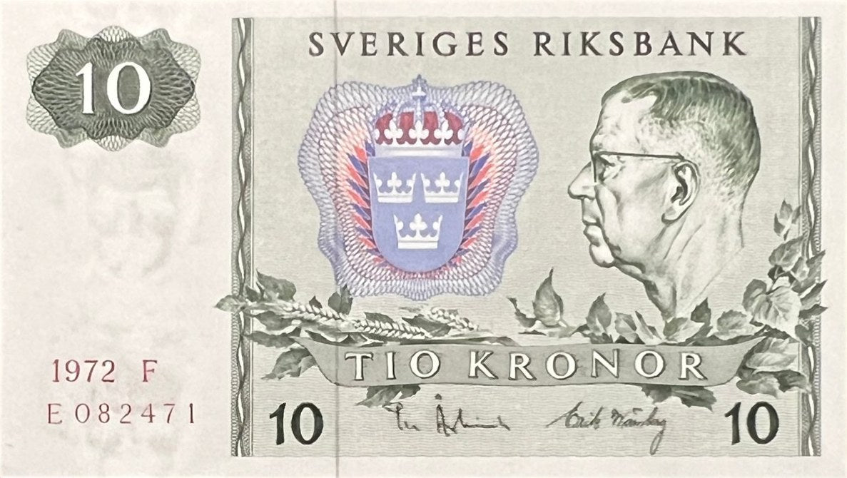 Front view of an uncirculated 1972 Sweden 10 Kronor banknote featuring King Gustaf VI Adolf and the Swedish royal arms.