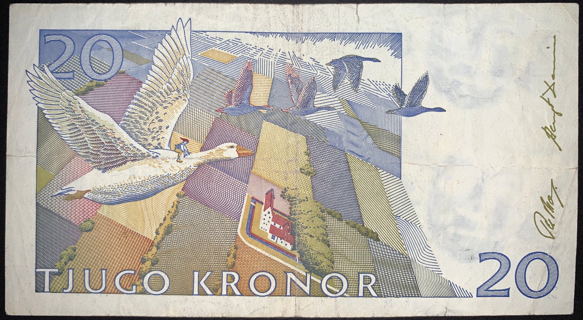 back of Sweden 20 Kronor 1991 P-61a F  collectible vintage banknote with Nils Holgersson and geese