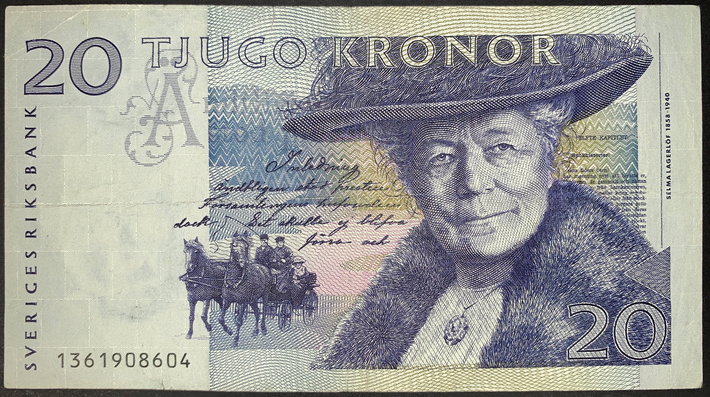 front of Sweden 20 Kronor 1991 P-61a F  collectible banknote with portrait of Selma Lagerlöf and horse carriage