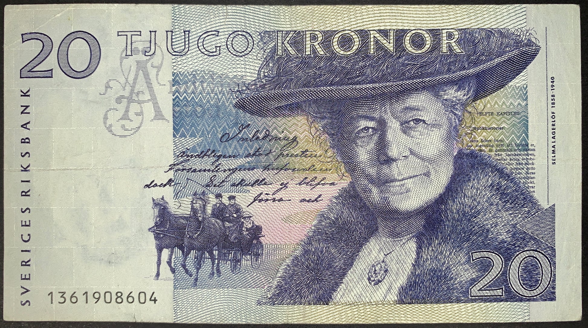 front of Sweden 20 Kronor 1991 P-61a F  collectible banknote with portrait of Selma Lagerlöf and horse carriage