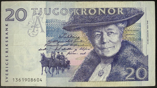 front of Sweden 20 Kronor 1991 P-61a F  collectible banknote with portrait of Selma Lagerlöf and horse carriage