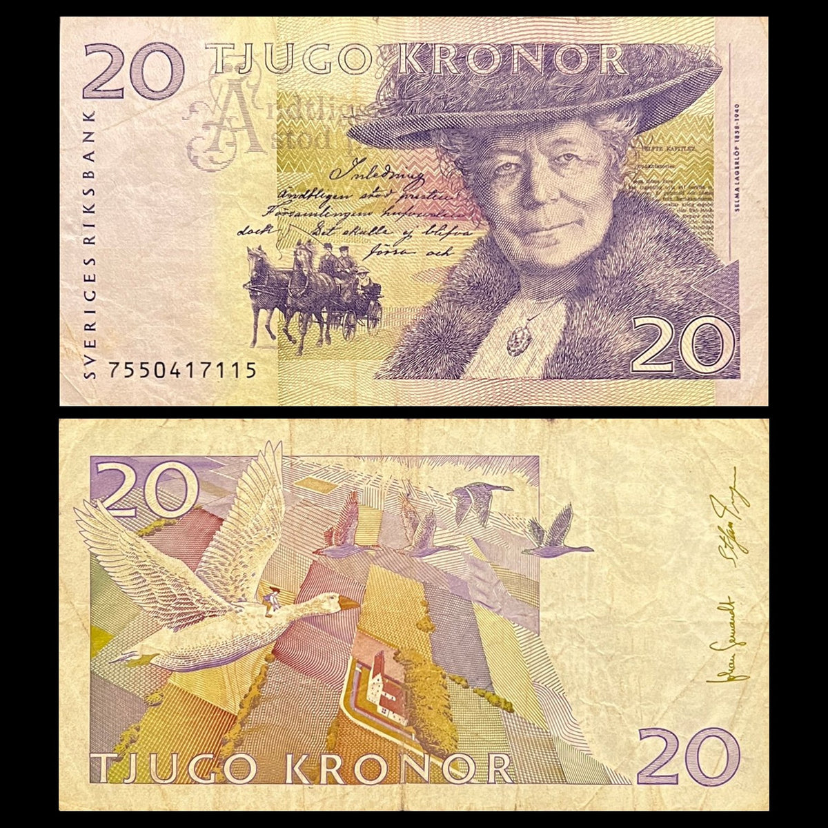 Sweden 20 Kronor 2007 P-63c VF banknote – front with Selma Lagerlöf, back with Nils Holgersson flying on a goose