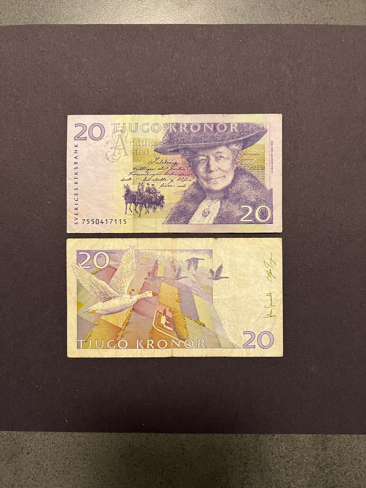 Original unedited photo of a Sweden 20 Kronor 2007 P-63c VF banknote, front and back