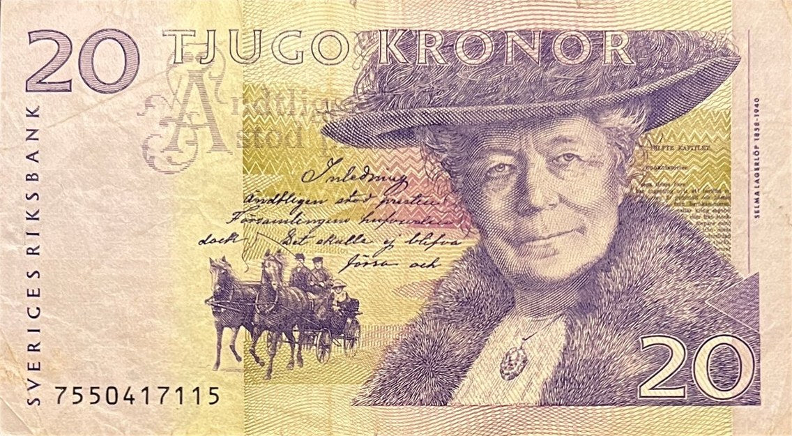 Front view of a very fine 2007 Sweden 20 Kronor banknote featuring Nobel Prize winner Selma Lagerlöf and a horse-drawn carriage.