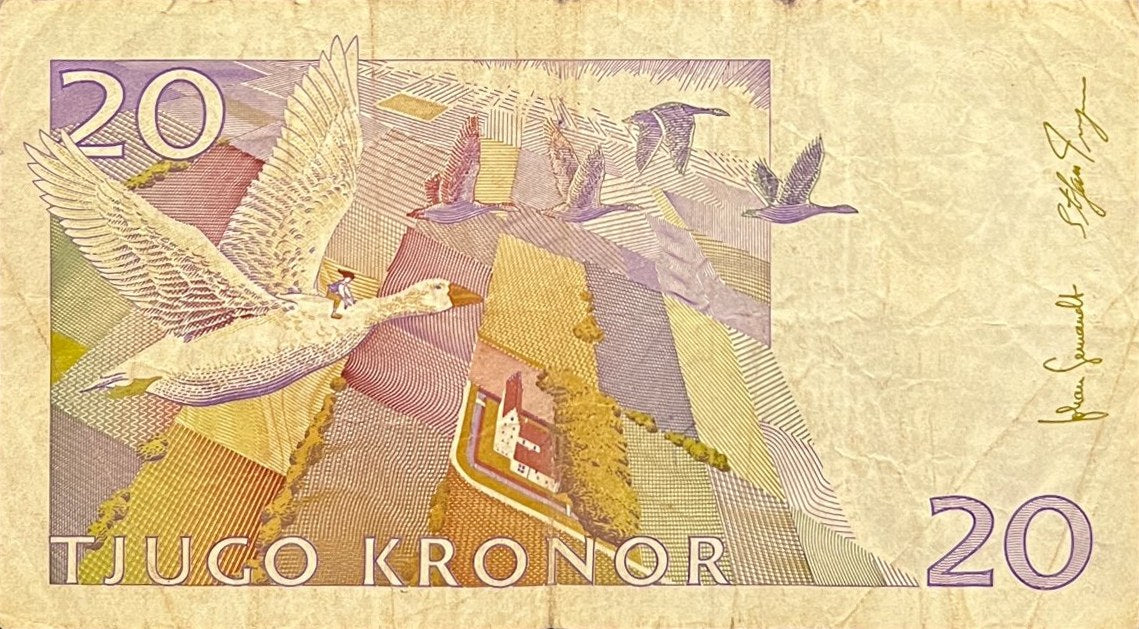 Back view of a 2007 Sweden 20 Kronor banknote showing Nils Holgersson flying with wild geese over Skåne.