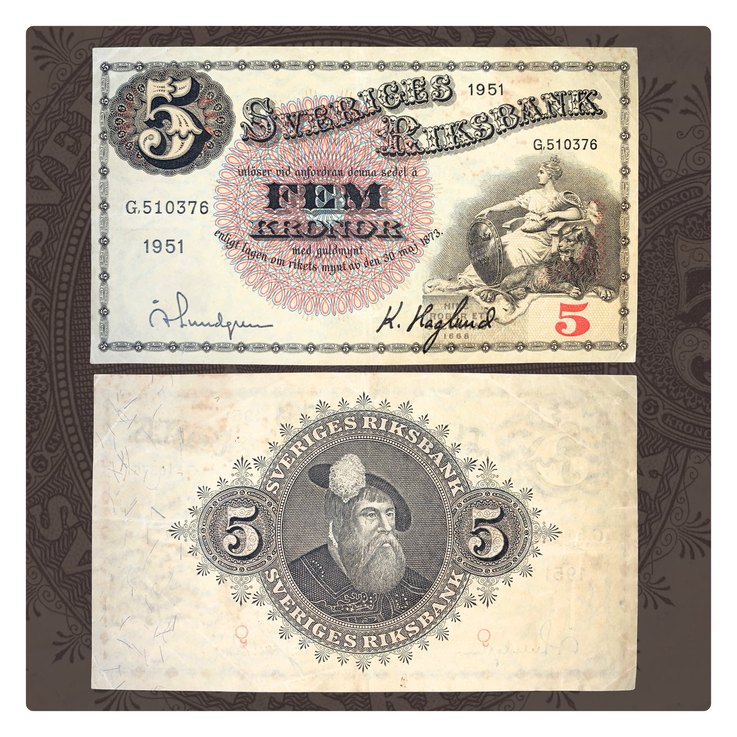front and back of Sweden 5 Kronor 1951 P-33ah VF collectible vintage banknote