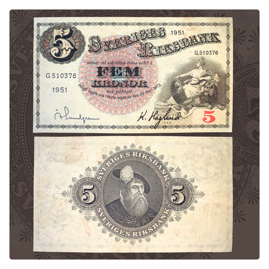 front and back of Sweden 5 Kronor 1951 P-33ah VF collectible vintage banknote