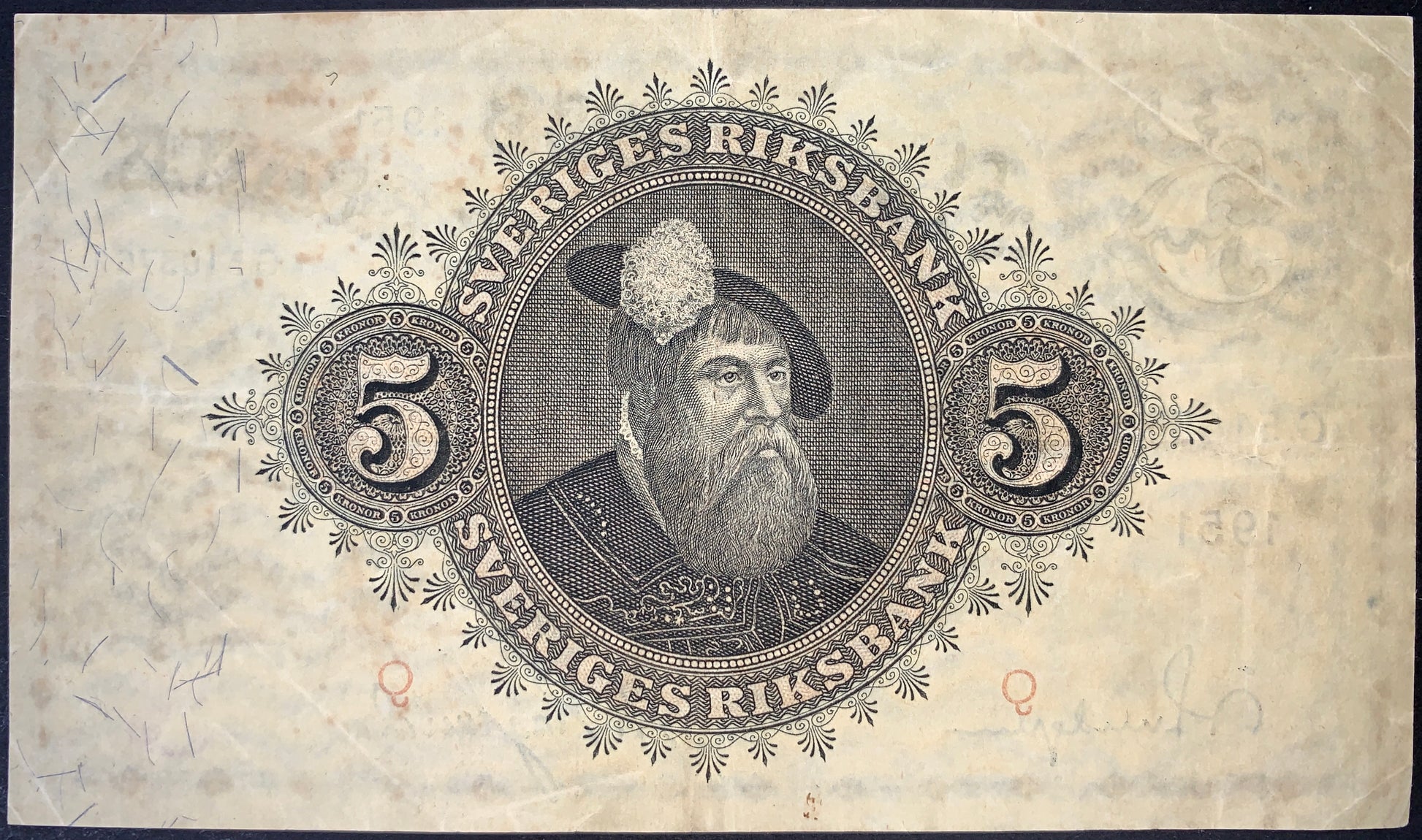 back of Sweden 5 Kronor 1951 P-33ah VF collectible vintage banknote with portrait of King Gustav I of Sweden