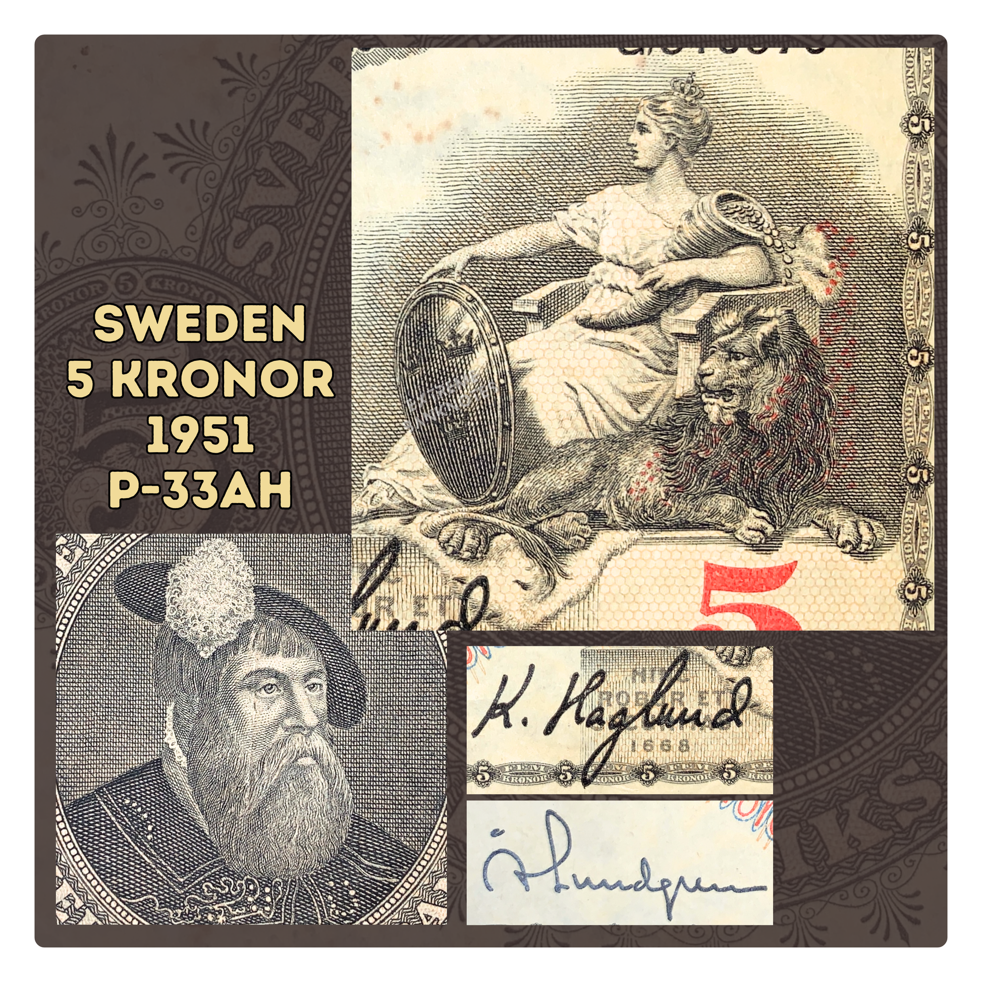 details of Sweden 5 Kronor 1951 P-33ah VF collectible vintage banknote