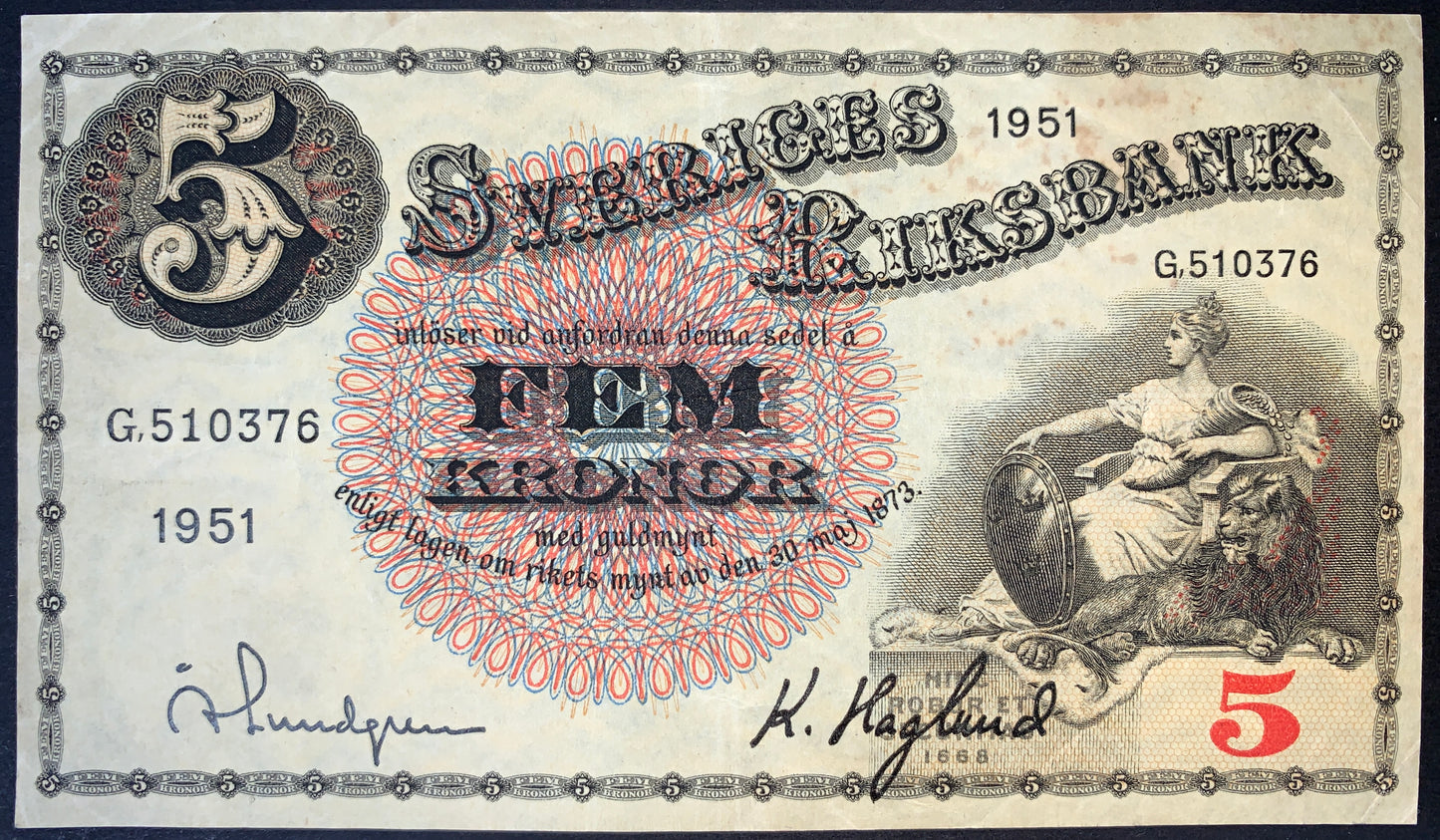 front of Sweden 5 Kronor 1951 P-33ah VF collectible vintage banknote with figure of Mother Svea, seated with a lion