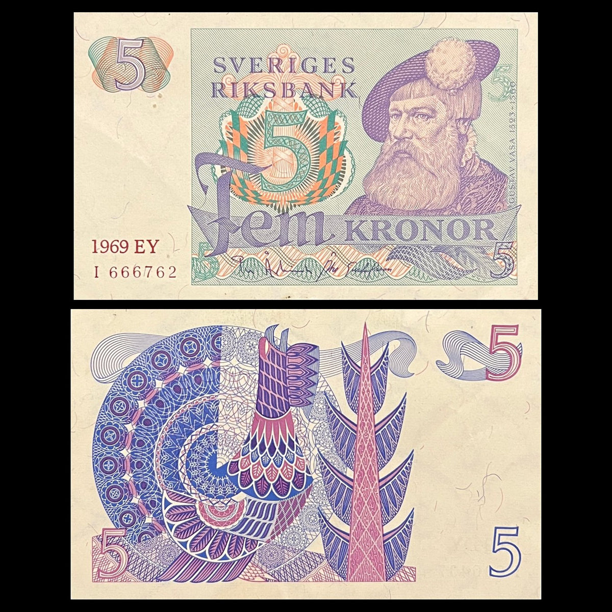 Sweden 5 Kronor 1969 P-51a XF banknote – front with King Gustav Vasa, back with a stylised rooster