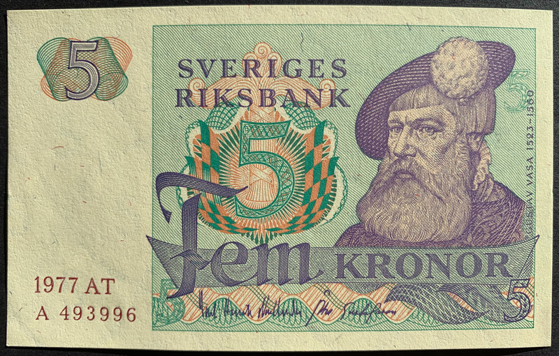 Front of Sweden 5 Kronor 1977 P-51c UNC collectible banknote with portrait of King Gustav Vasa