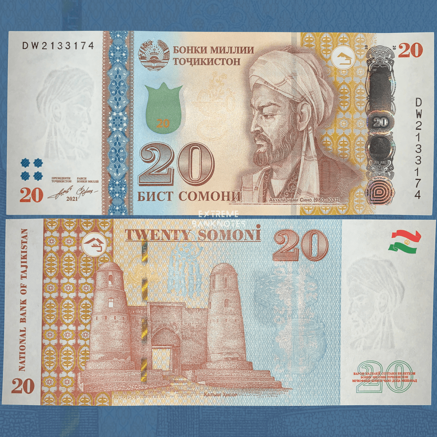 Authentic Tajikistan 20 Somoni banknote (2021 issue) showing the obverse with a portrait of Abu Ali ibn Sina (Avicenna), advanced security features, and the reverse featuring the historic Hisor Fortress. Crisp uncirculated world collectible banknote.