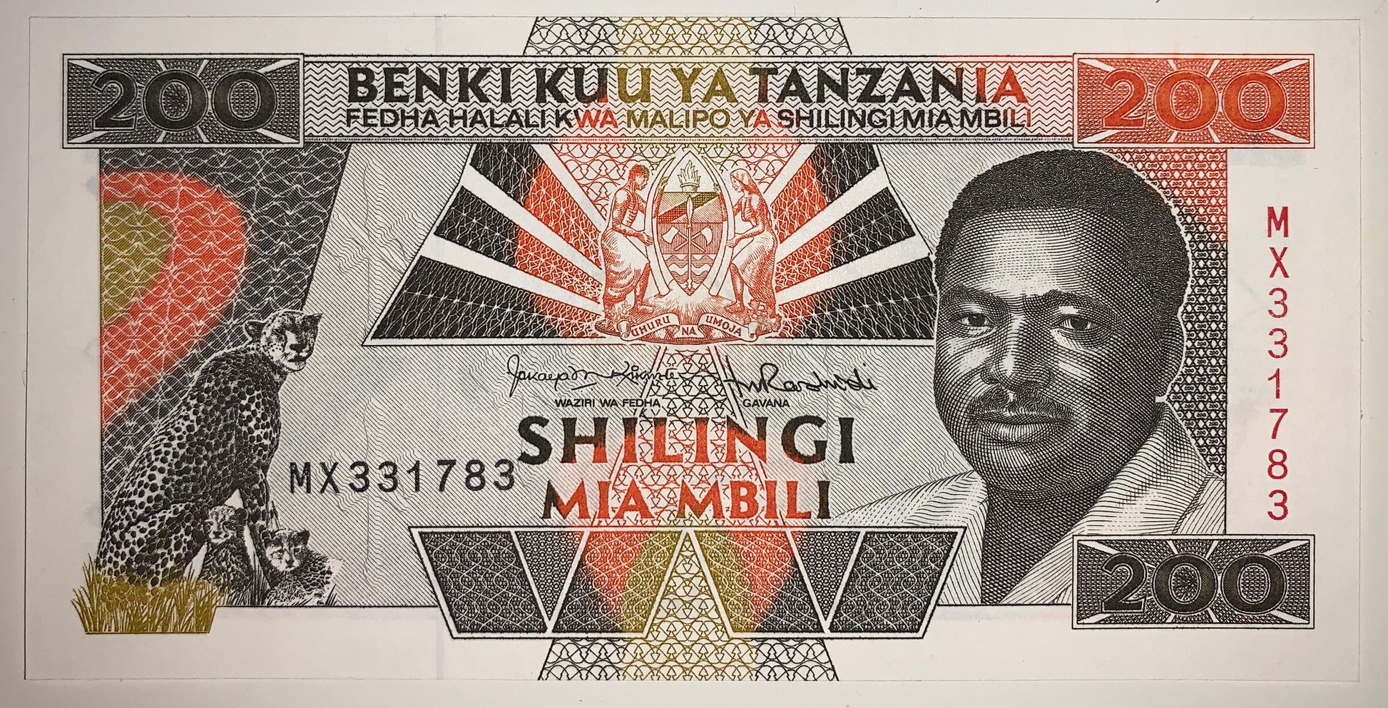 Tanzania 200 Shilingi ND (1993) P-25b UNC african banknote with portrait of President Ali Hassan Mwinyi and cheetah with cubs 