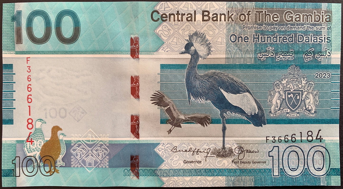 front of The Gambia 100 Dalasis 2023 collectible banknote with black crowned crane and coat of arms