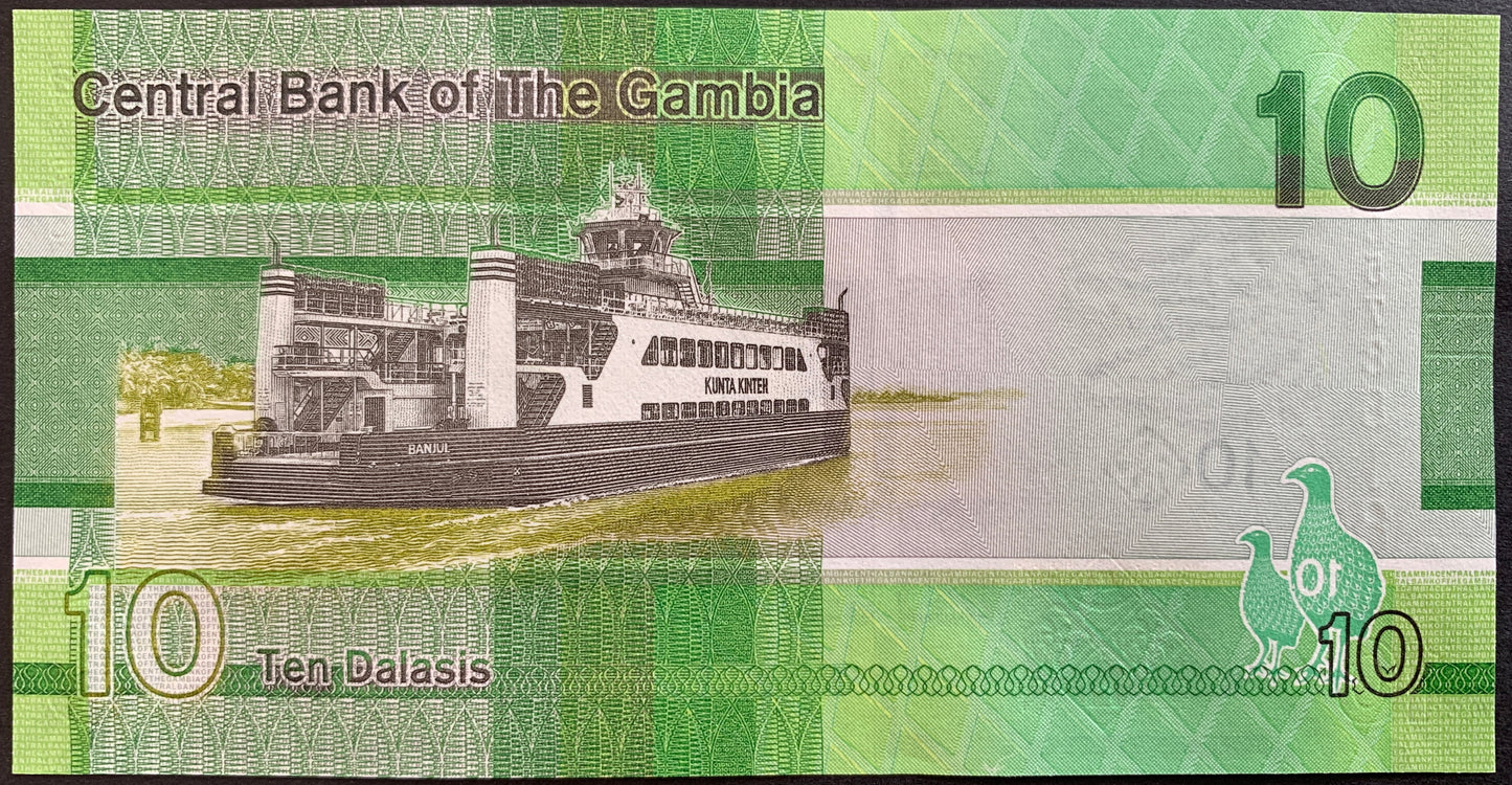 back of The Gambia 10 Dalasis 2023 collectible banknote with ferry Kinta Kinteh