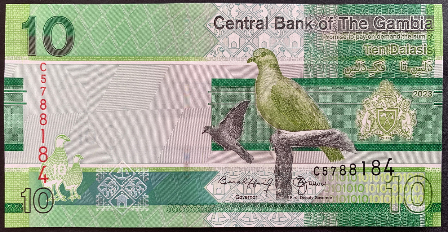front of The Gambia 10 Dalasis 2023 collectible banknote with pigeon