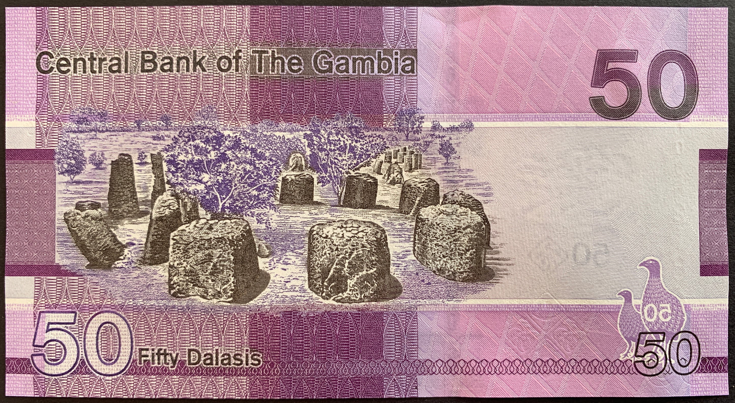 back of The Gambia 50 Dalasis 2023 collectible banknote with Wassu stone circles