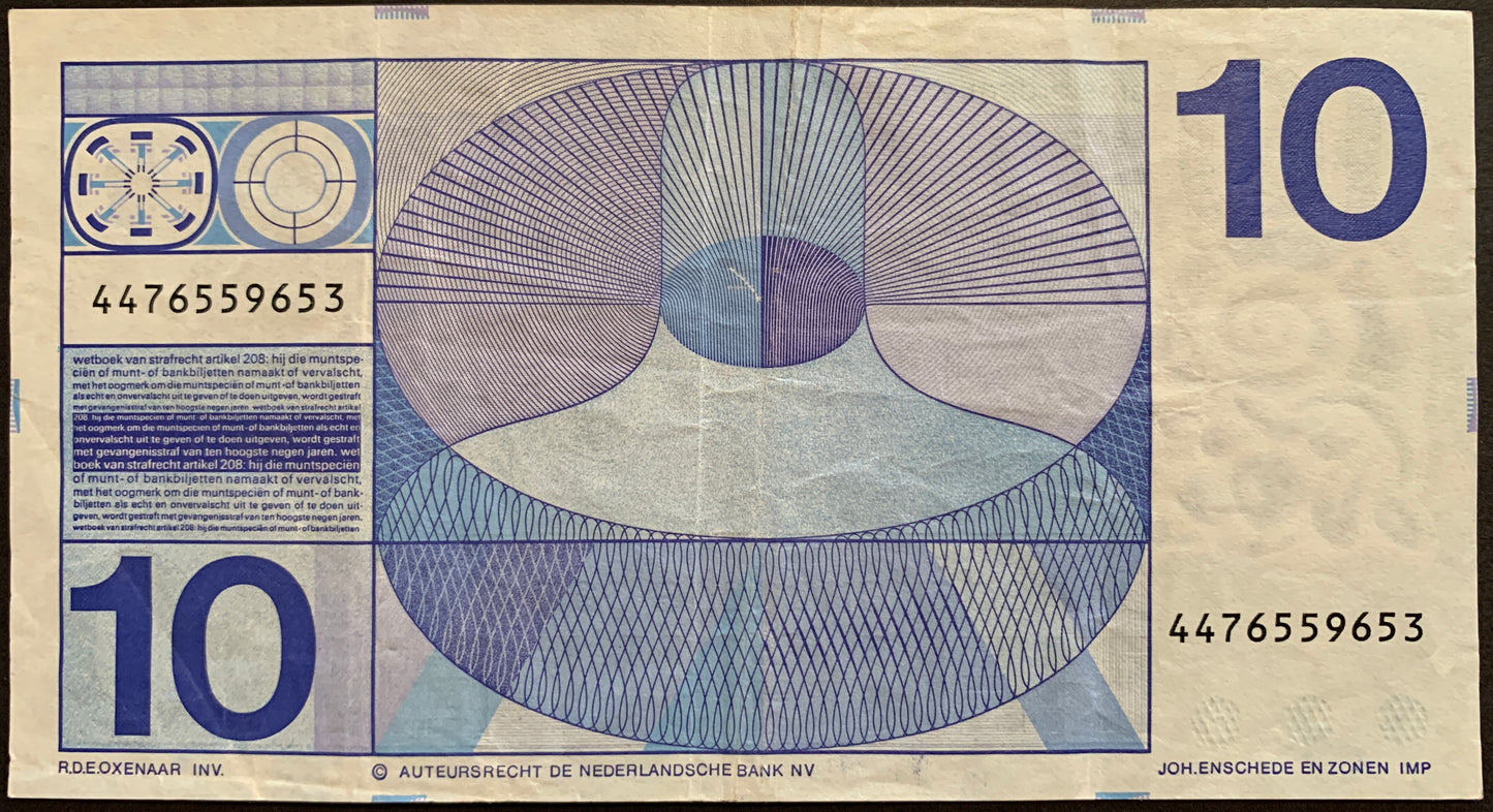 back of The Netherlands 10 Gulden 1968 P-91b collectible banknote